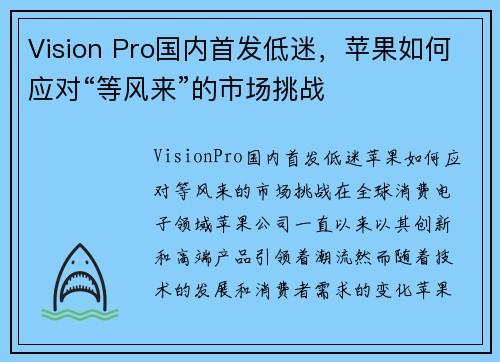 Vision Pro国内首发低迷，苹果如何应对“等风来”的市场挑战